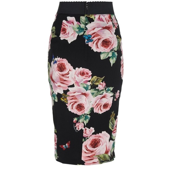 Dolce & Gabbana Silk Skirt Black Green Pink Floral Print Scalloped Grosgrain Zip - Picture 3 of 11